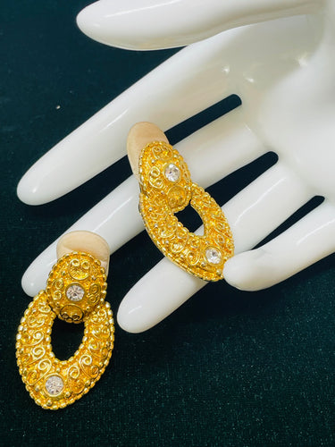 Gold Textured Door Knocker Earrings with Rhinestones